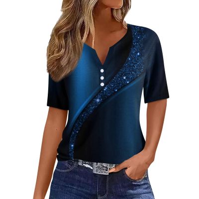 Generic Women's Tops Short Sleeve Fashion Plus Size Pullover Button V Neck Blouse Tees Printed 2024 Summer Casual T Shirt Short Sleeve Cotton Blouses for Women2-Dark Blue,Large