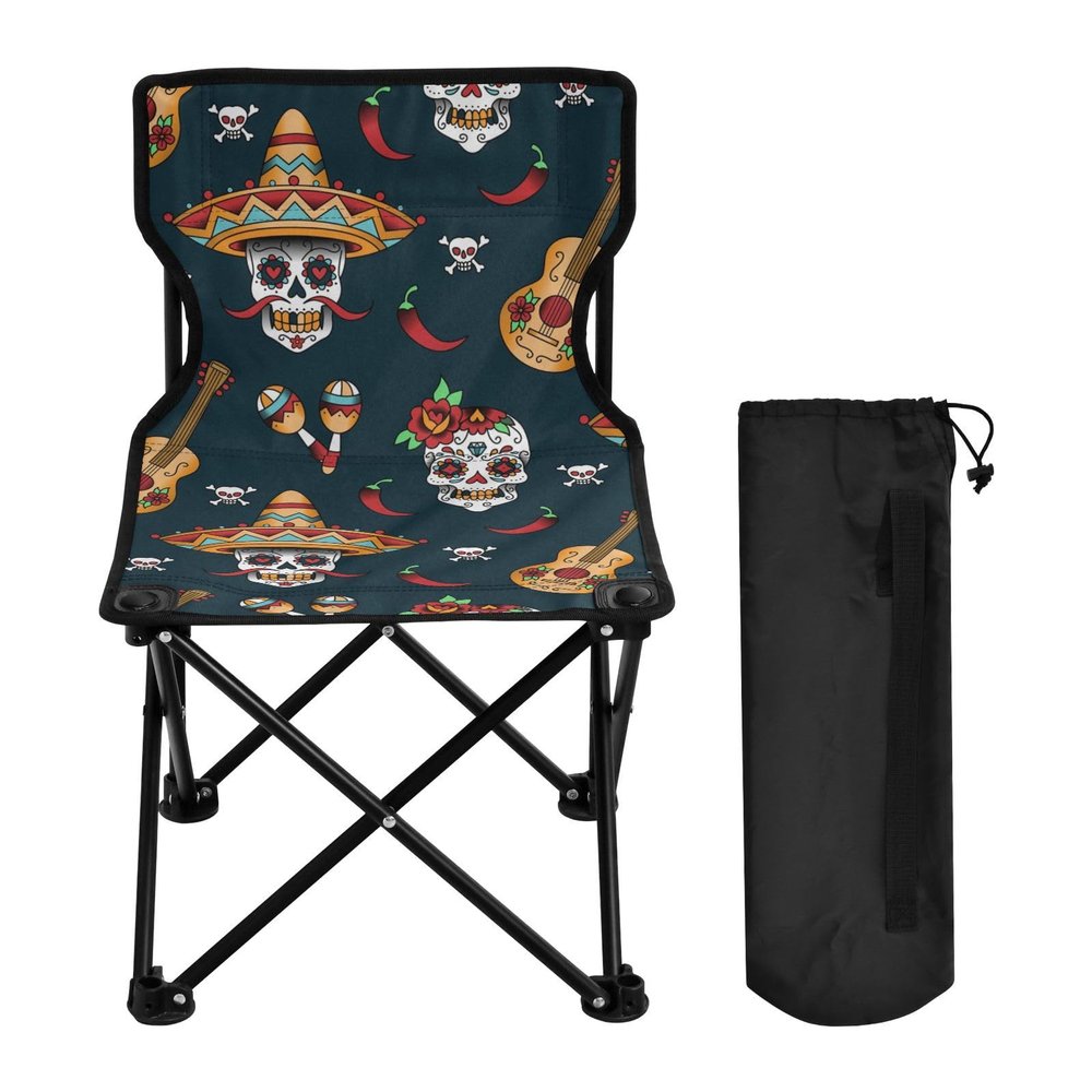 ALAZA Mexican Sugar Skulls with Guitar Folding Camping Chairs Foldable Outdoor Chair for Tailgates Beach & Sports, Included Carry Bag