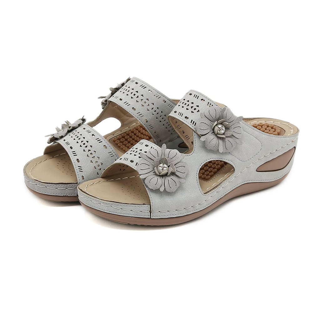 Generic Women Summer Flowers Casual Open Toe Wedges Massage Soft Bottom Slippers Breathable Slip On Shoes Sandals Women's Slide Sandals Cork (5-Grey, 7)