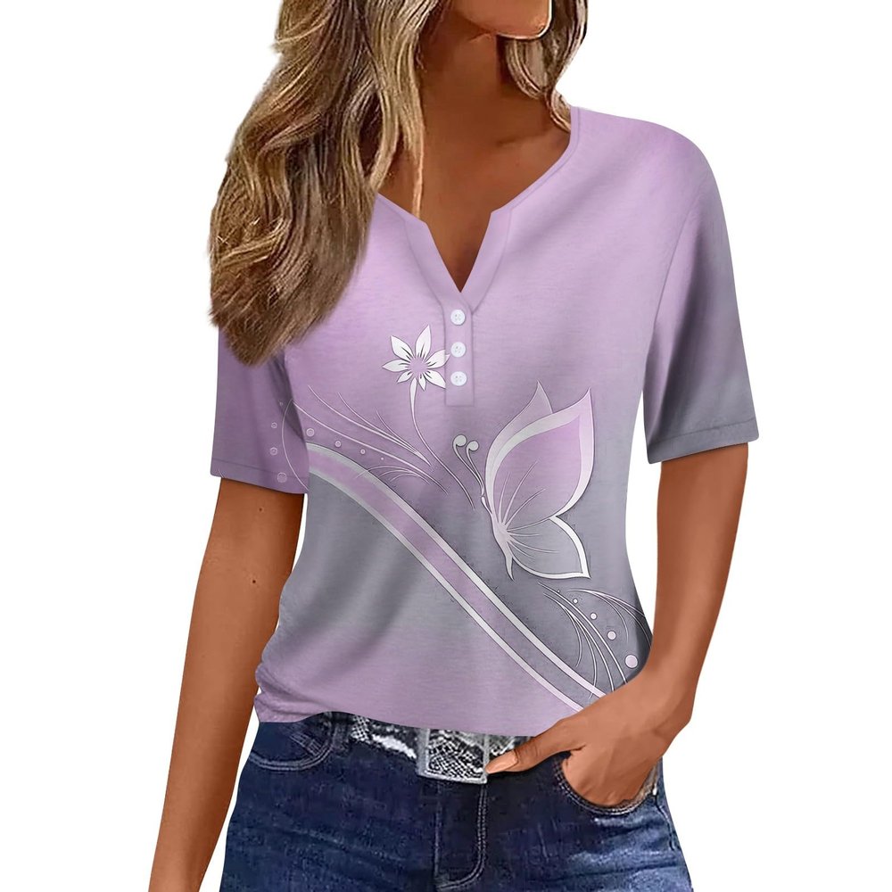 Women's Tops Short Sleeve Button Printed Blouse Tees Fashion V Neck Pullover Plus Size 2024 Summer Casual T Shirt Casual T Shirts for Women Loose Fit2-Light Pink,Medium