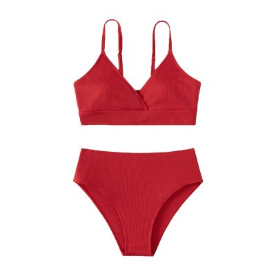 Preteen Girls Versatile Striped Swimsuits Toddler Girl 2 Piece Swimsuit Sport Solid High Waist Bikini (Red, 8-10 Years)