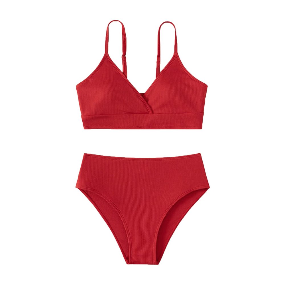 Preteen Girls Versatile Striped Swimsuits Toddler Girl 2 Piece Swimsuit Sport Solid High Waist Bikini (Red, 8-10 Years)
