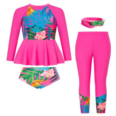 Girls Swimsuit Size 12-14 Rash Guard Swimwear Long Sleeve Floral Bathing Suit Hot Pink