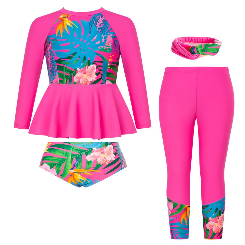 Girls Swimsuit Size 12-14 Rash Guard Swimwear Long Sleeve Floral Bathing Suit Hot Pink