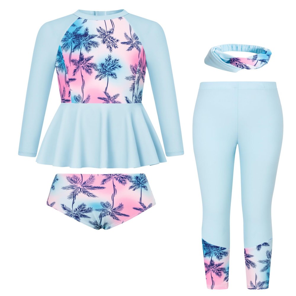 GRACE KARIN Swimsuit for Girls 12-14 Blue Long Sleeve Bathing Suit 4 Piece Rash Guard Bikini Set Swimwear