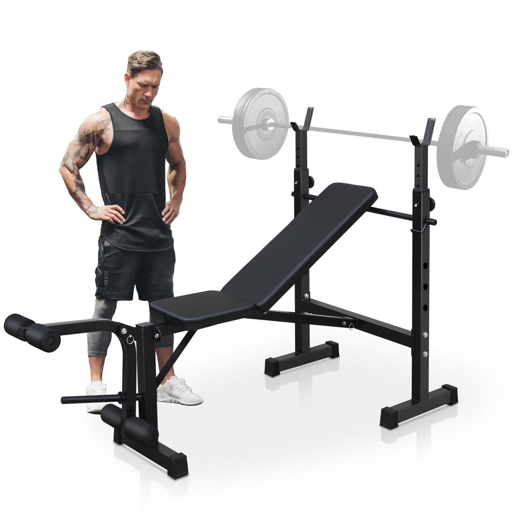 ICSPOID Olympic Workout Bench, Adjustable Weight Bench, Folding Bench Press Set with Squat Rack and Bench for Home Gym Full-Body Workout