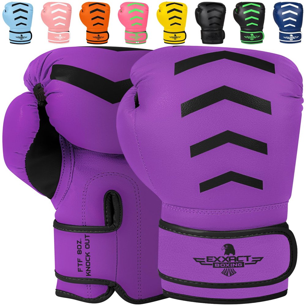 Exxact Sports Knockout Youth Boxing Gloves for Kids (3-15 Years) with Padded Protection and Wrist Support, Durable Engineered Leather Kids Boxing Gloves for Sparring (Purple/Black, 6 OZ)