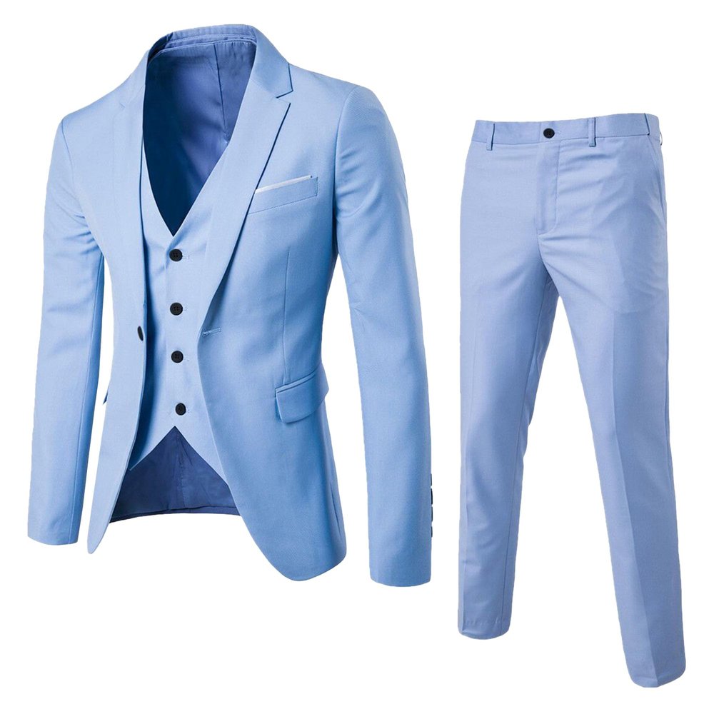 MenS Slim Fit Suit Tuxedo Set One Button 3-Piece Blazer Dress Business Wedding Party Jacket Vest & Pant (XXL-cm,Light Blue 2)