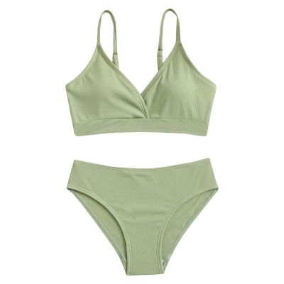 Ikevan Preteen Girls Versatile Striped Swimsuits Toddler Girl 2 Piece Swimsuit Sport Solid High Waist (Green, 8-10 Years)
