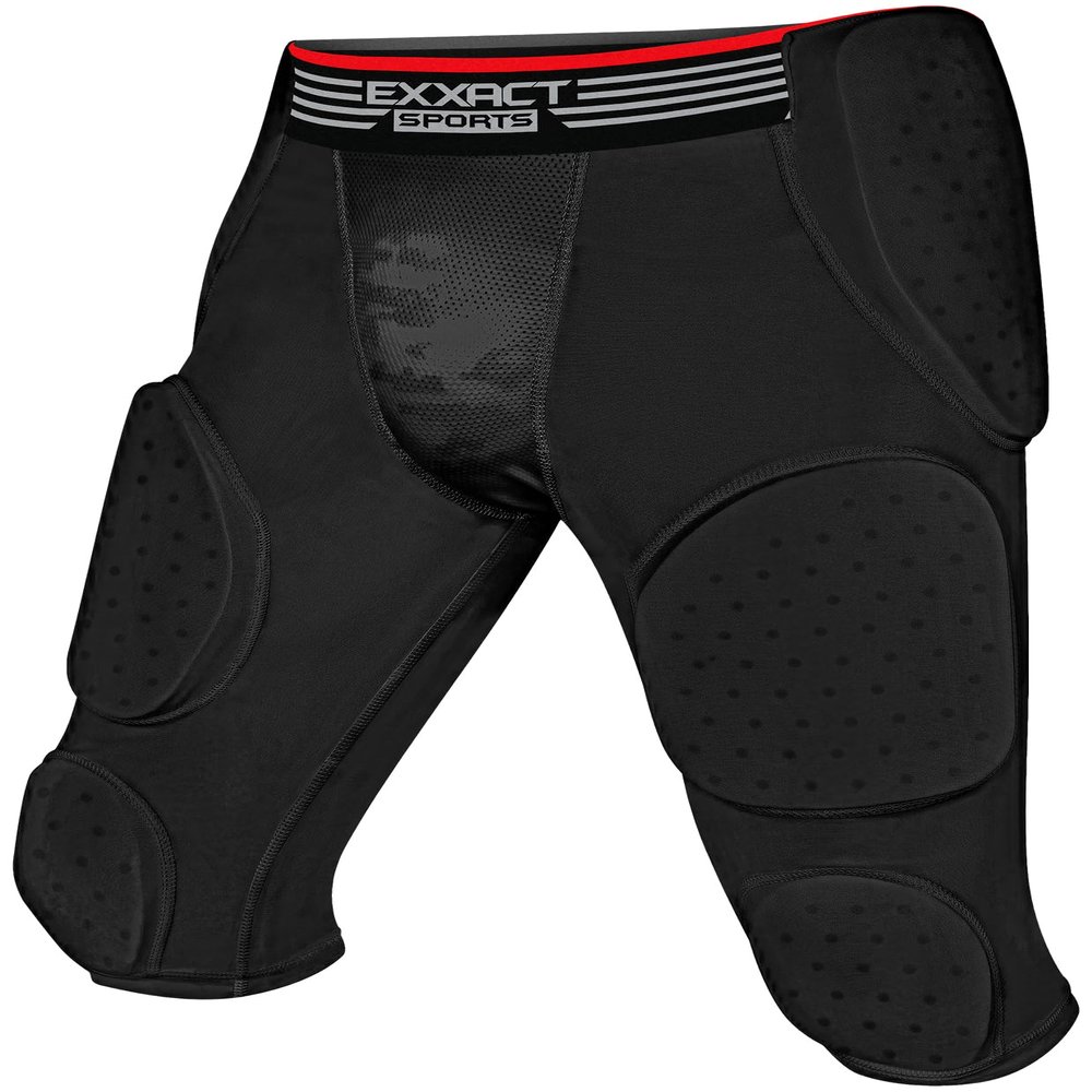 Exxact Sports Battle 7-Pad Adult Football Girdle for Men with Cup Pocket, Lightweight Padded Compression Shorts with Integrated Ultra Flex Pads, Men's Girdle Football (Black, AM)
