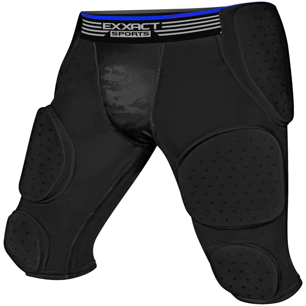 Exxact Sports Battle 7-Pad Youth Football Girdle with Cup Pocket, Lightweight Padded Compression Shorts with Integrated Ultra Flex Pads, Boys Girdle Football (Black, YM)