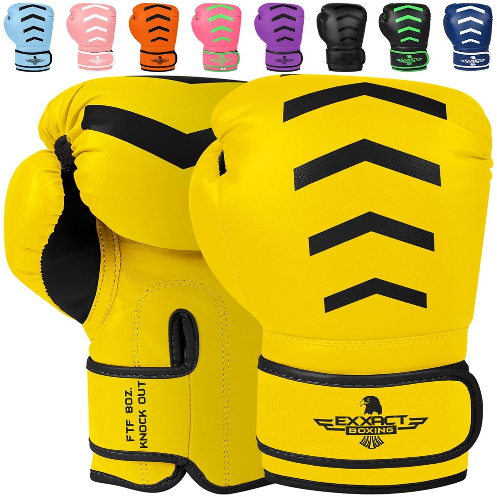 Exxact Sports Knockout Youth Boxing Gloves for Kids (3-15 Years) with Padded Protection and Wrist Support, Durable Engineered Leather Kids Boxing Gloves for Sparring (Gold/Black, 6 OZ)