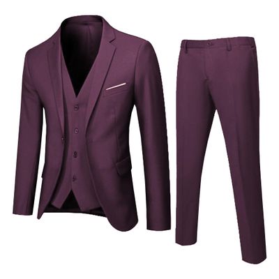 MenS Slim Fit Suit Tuxedo Set One Button 3-Piece Blazer Dress Business Wedding Party Jacket Vest & Pant (XL-cm,Purple)