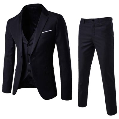 MenS Slim Fit Suit Tuxedo Set One Button 3-Piece Blazer Dress Business Wedding Party Jacket Vest & Pant (XXL-cm,Black 2)