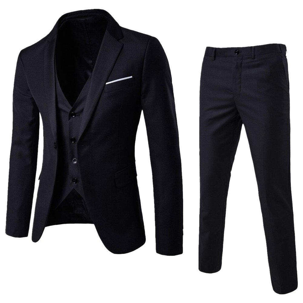 MenS Slim Fit Suit Tuxedo Set One Button 3-Piece Blazer Dress Business Wedding Party Jacket Vest & Pant (XXL-cm,Black 2)