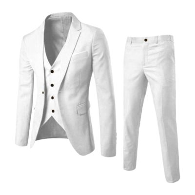 MenS Slim Fit Suit Tuxedo Set One Button 3-Piece Blazer Dress Business Wedding Party Jacket Vest & Pant (XL-cm,White)