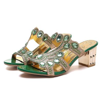 Women's Crystal Sandals Bohe Slide Pump Sandals Chunky Heel Fashion Sexy Sandals Party Wedding Sandals For Women