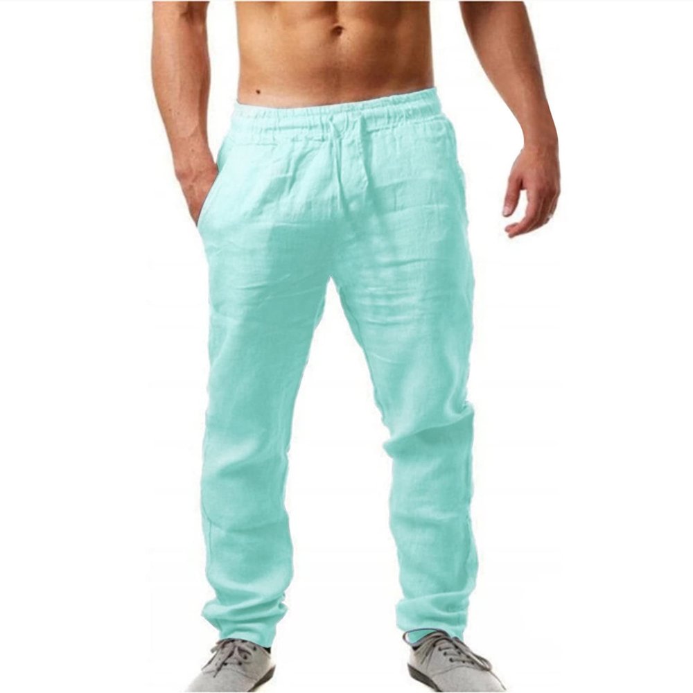 NineFit Basics Linen Pants Men Big Tall Casual Cotton Yoga Pants with Pockets Drawstring Elastic Waist Straight-Leg Lightweight Trousers Loose Summer Beach Pants Sweatpants (E1-Mint Green,Medium)
