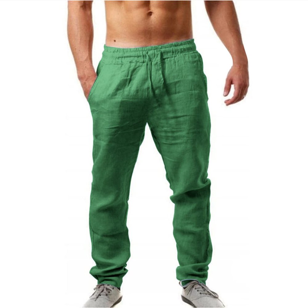 Linen Pants Men Big Tall Casual Cotton Yoga Pants with Pockets Drawstring Elastic Waist Straight-Leg Lightweight Trousers Loose Summer Beach Pants Sweatpants Regular Fit (E1-Green,Medium)