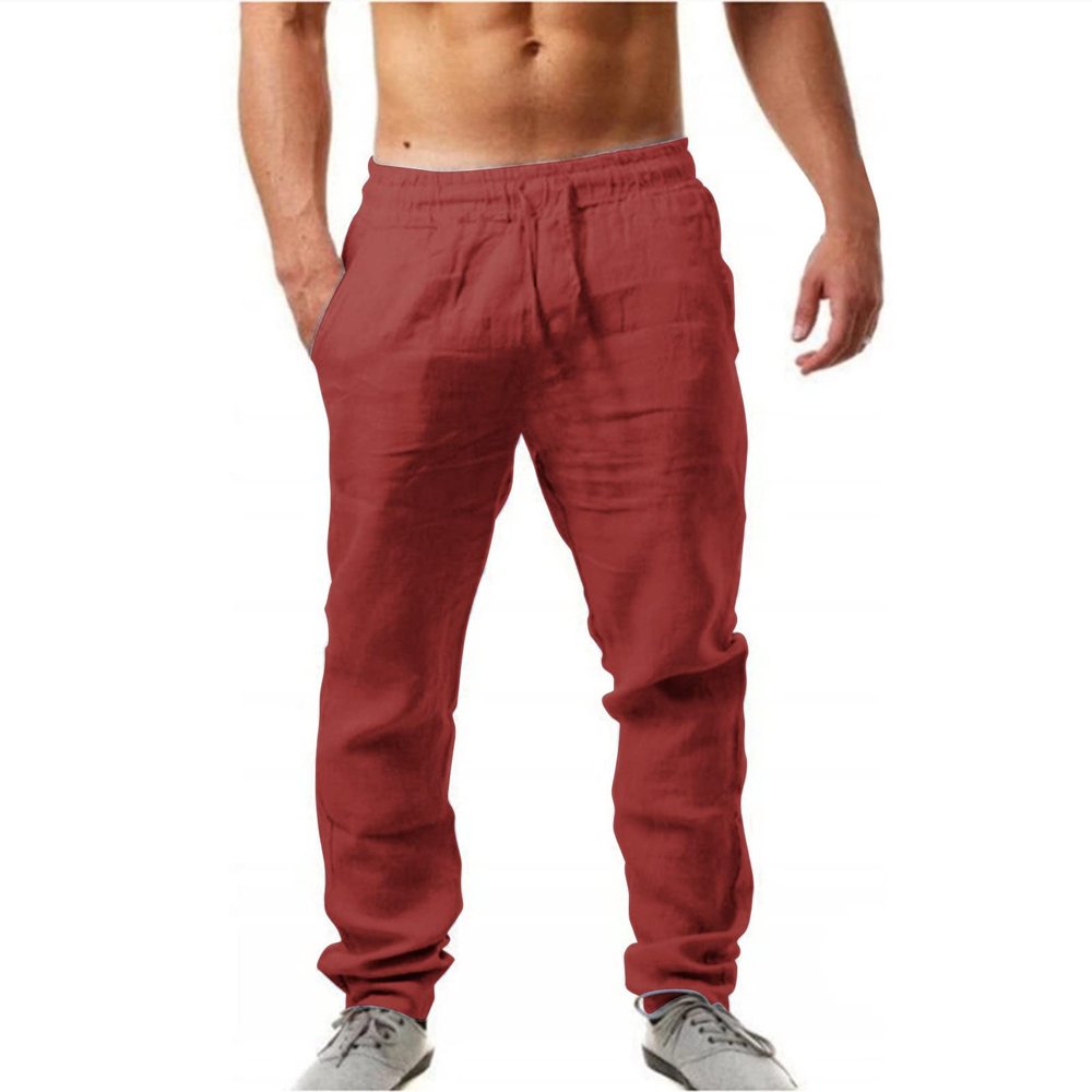Generic Linen Pants Men Big Tall Casual Cotton Yoga Pants with Pockets Drawstring Elastic Waist Straight-Leg Lightweight Trousers Loose Summer Beach Pants Sweatpants Regular Fit (E1-Red,Medium)