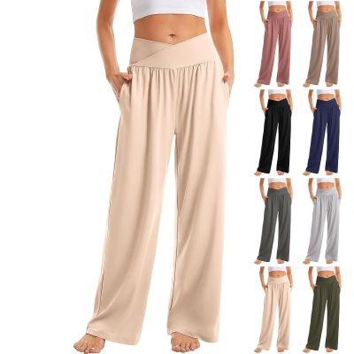 Wide Leg Yoga Pants Women Cross Over High Waisted Lounge Pants Casual Athletic Pant Workout Sweatpants Wide Leg Lounge Pants with Pockets Cozy Baggy Pants Womens Casual Pants