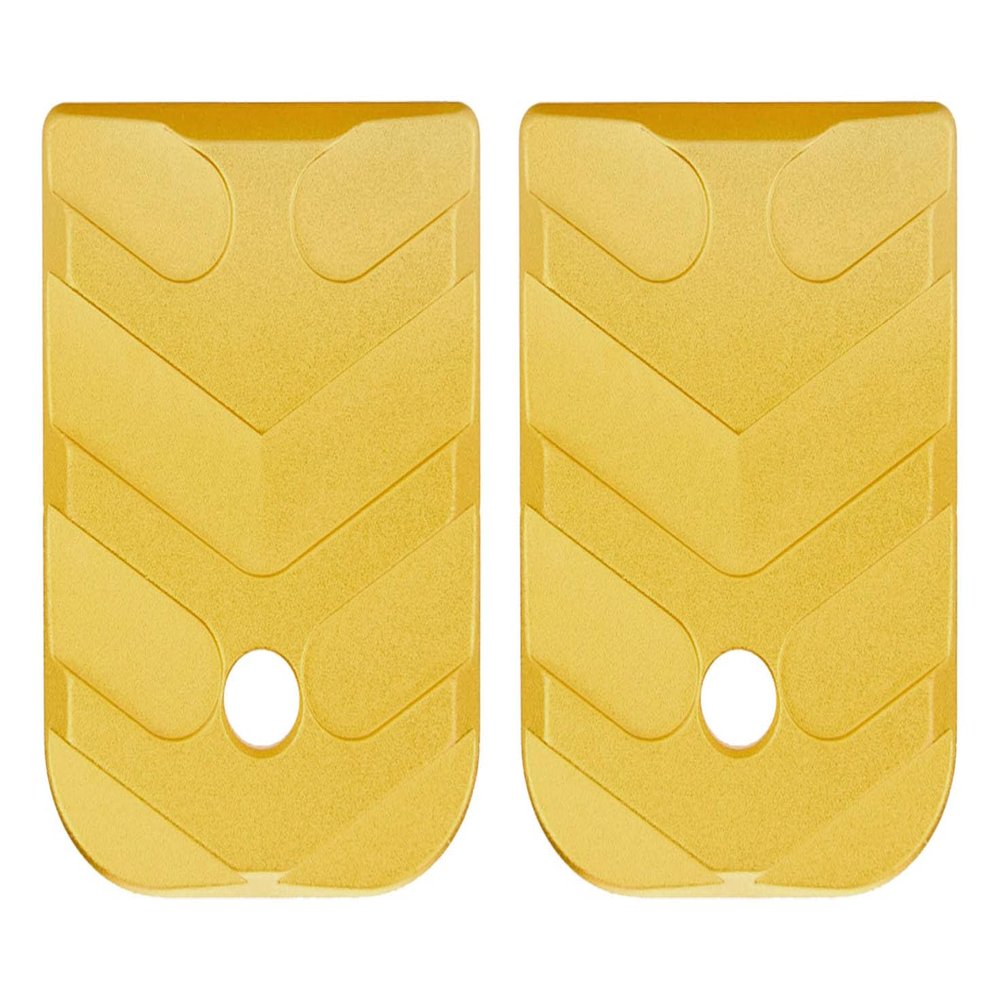 NDZ Performance Magazine Base Plate for Glock 17 19 19X 22 23 24 26 27 31 32 33 34 35 37 38 39 45 Gen 1/2/3/4 in 9mm .40 Cal, Textured Anodized Aluminum with Aspis Cut Design - Gold, Two Pack