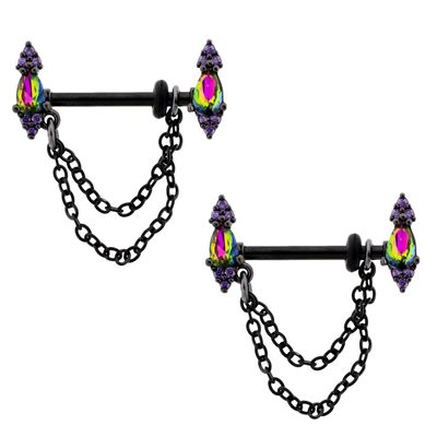 Pierced Owl 14GA Black 316L Stainless Steel Vitrail Medium Teardrop Ends with Dangling Chains Nipple Barbells, Sold as a Pair