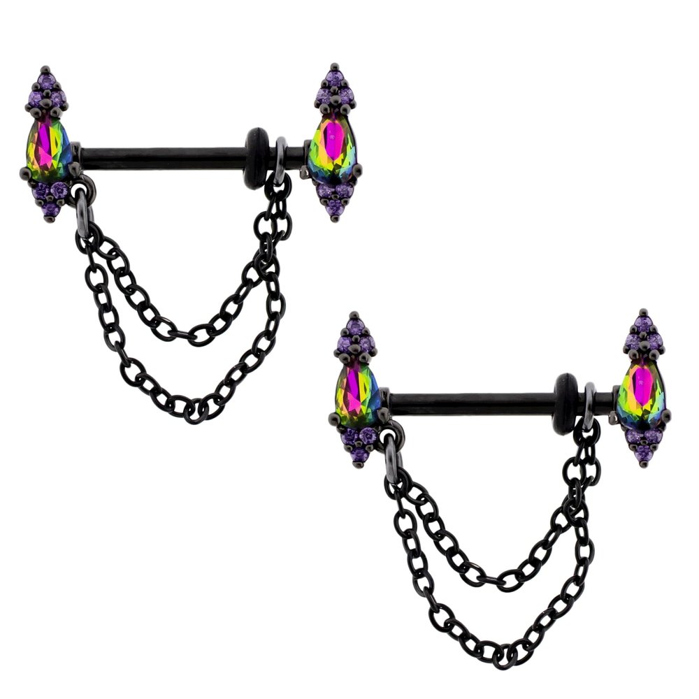 Pierced Owl 14GA Black 316L Stainless Steel Vitrail Medium Teardrop Ends with Dangling Chains Nipple Barbells, Sold as a Pair
