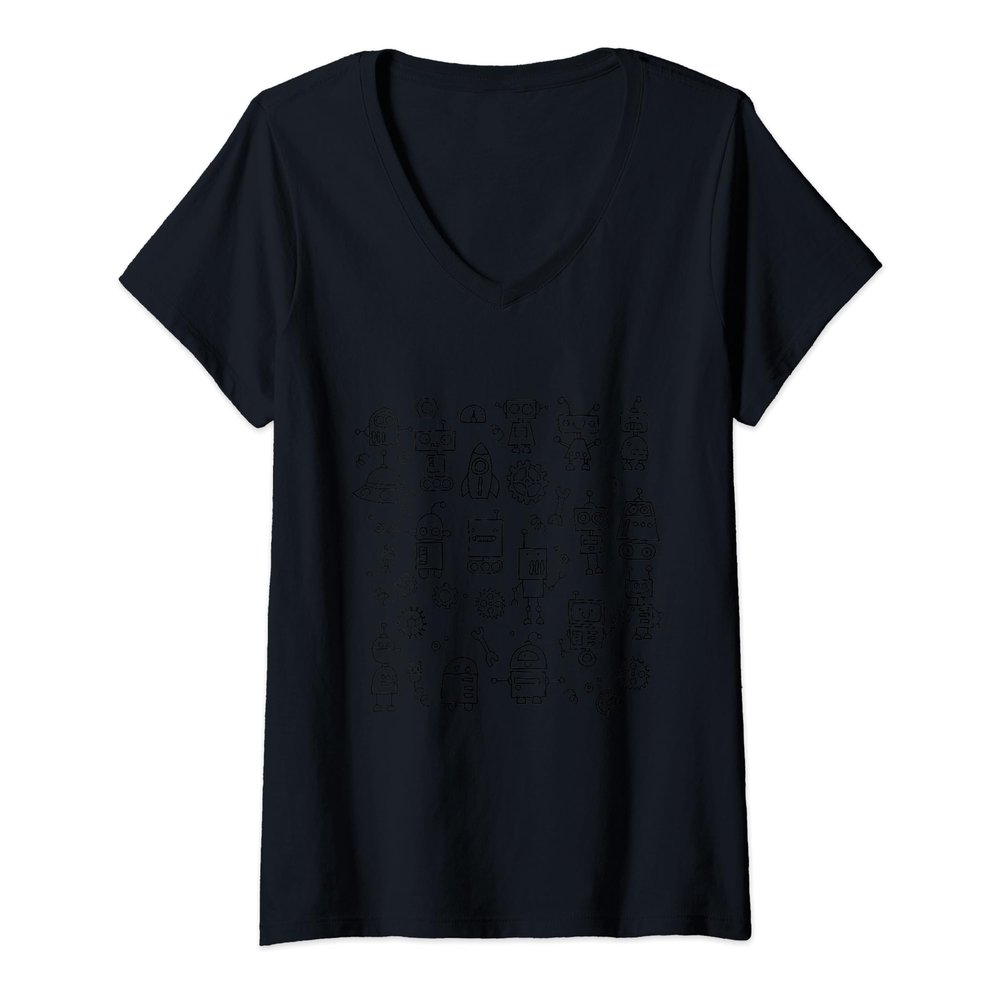 Womens Funny Cute Doodle Robots Set V-Neck T-Shirt