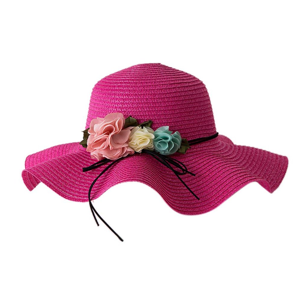Beach Hats for Girls Foldable Wide Brim Sun traw Hat with Flowers Toddler Summer Floppy Hat (Hot Pink, 2-6 Years)