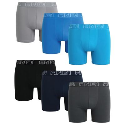 AND1 Mens Boxer Briefs - 6 Pack Sport Performance Compression Mens Boxers, No Fly Pouch - Moisture Wicking Underwear for Men, Size 3X-Large, Black/Navy Blue/Grey/Directoire Blue/Methyl Blue