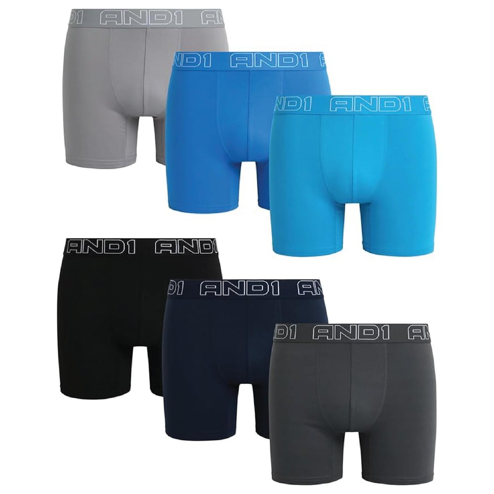 AND1 Mens Boxer Briefs - 6 Pack Sport Performance Compression Mens Boxers, No Fly Pouch - Moisture Wicking Underwear for Men, Size 3X-Large, Black/Navy Blue/Grey/Directoire Blue/Methyl Blue