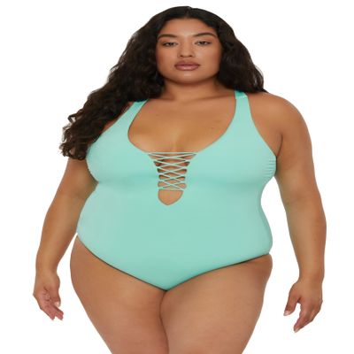 BECCA ETC. Color Code - Women's Plus Size One Piece Swimsuit, Plunge Neck, Bathing Suits for Women, New Cyan, 3X