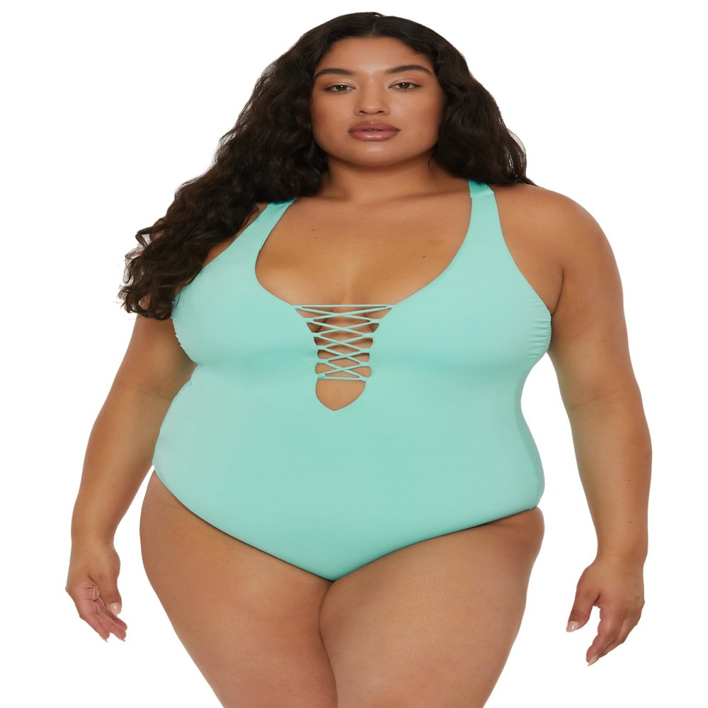 BECCA ETC. Color Code - Women's Plus Size One Piece Swimsuit, Plunge Neck, Bathing Suits for Women, New Cyan, 3X