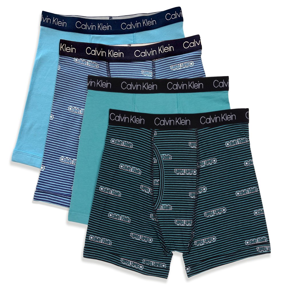 Calvin Klein Boys Modern Cotton Boxer Brief Underwear 4-Pack, Seafoam/Blue/Striped Print, Large