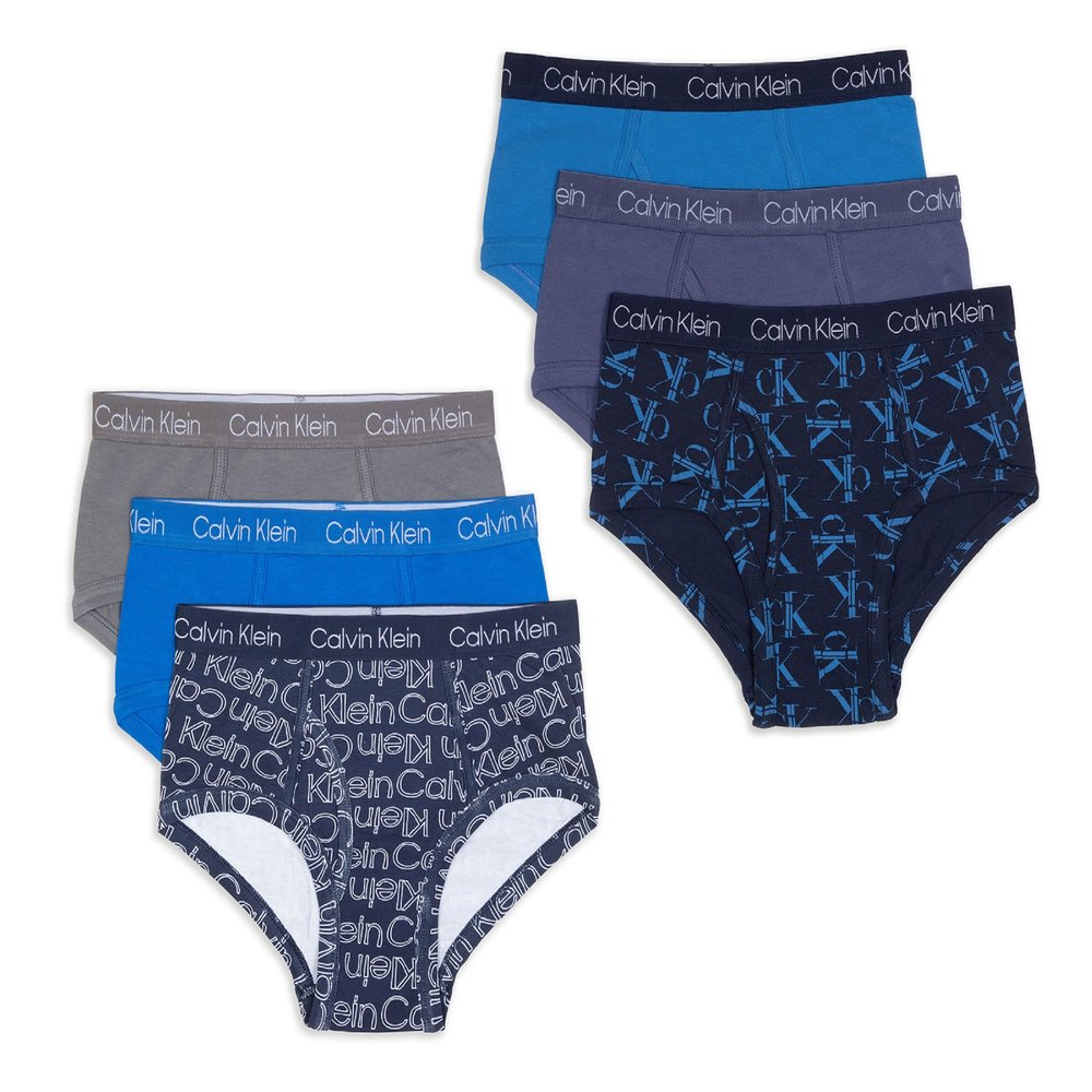 Calvin Klein Kids Boys' Modern Cotton Brief Underwear 6-Pack, Castlerock/Royal Blue/Blue Logo, Medium