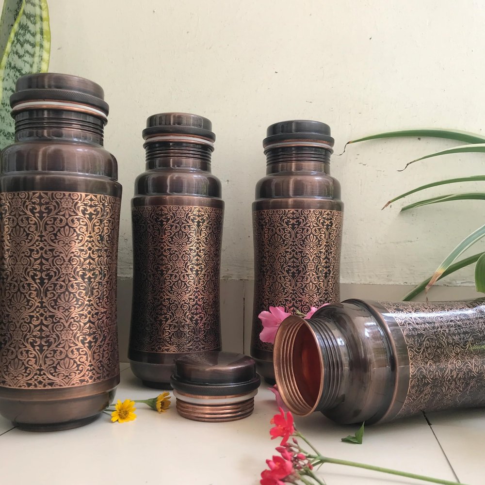 Sama Homes Pure Copper Water Bottle Black Antique Engraving Design Capacity 1300ML Black Antique Copper 9W x 25H Centimeters