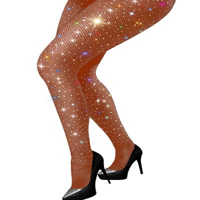 VEBZIN More Sparkly Fishnets Rhinestone Fishnet Stockings for Women Glitter Fishnet TightsSparkle Stockings - Caramel
