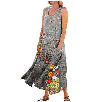 HXHYQKP Plus Size Linen Dresses for Curvy Women Sleeveless Summer Maxi Sun Dresses with Pockets