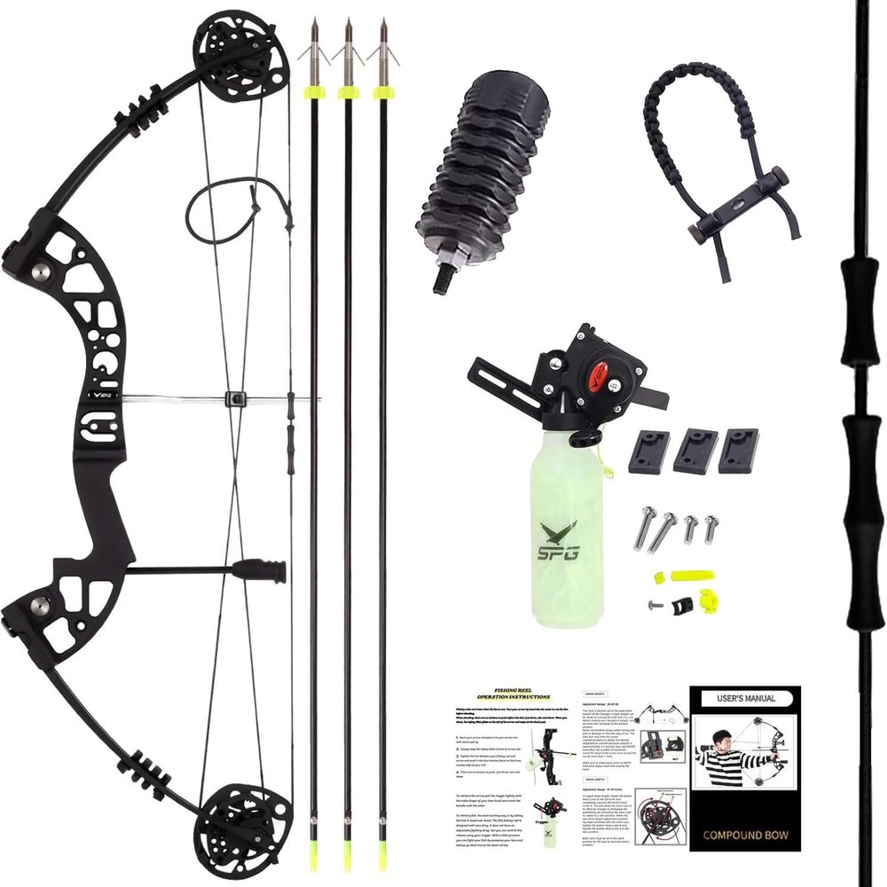 SPG Archery Bowfishing Kit - Professional 60 Lbs Compound Bow for Bow Fishing with Full Gears and User Manual for Beginners (Black)