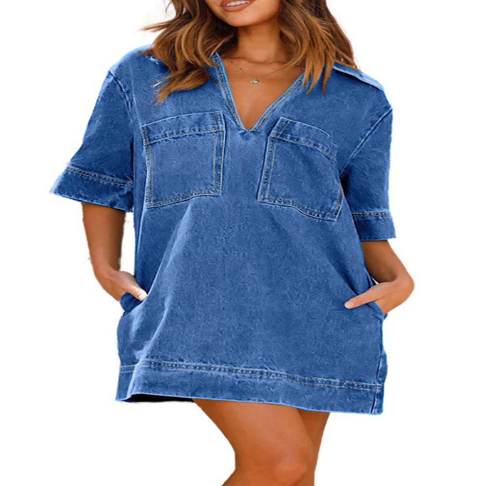 chouyatou Women's Summer Loose Fit V-Neck Sexy Mini Denim Dress Cute Jean Tunic Dress with Pockets (Large, Blue)