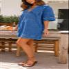chouyatou Women's Summer Loose Fit V-Neck Sexy Mini Denim Dress Cute Jean Tunic Dress with Pockets (Large, Blue) view 4