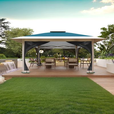 12' x 12' Outdoor Gazebo, Heavy Duty Double Roof Patio Gazebo with Netting and Curtains, Outdoor Patio Canopy for Deck Backyard Garden Lawns, Blue & Gray