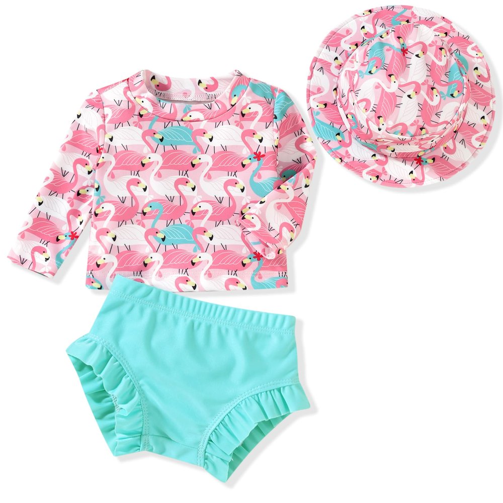 3 Month Baby Girl Long Sleeve Swimsuit Two Piece Rash Guard Set Infant Flamingo Bathing Suit with Hat Swimming Beach Wear 3-6 Months