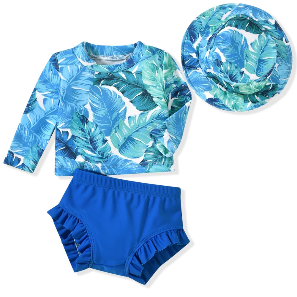 HINTINA 3 Month Baby Girl Long Sleeve Swimsuit Two Piece Rash Guard Set Infant Palm Leaf Bathing Suit with Hat Hawaiian Swimming Beach Wear 3-6 Months