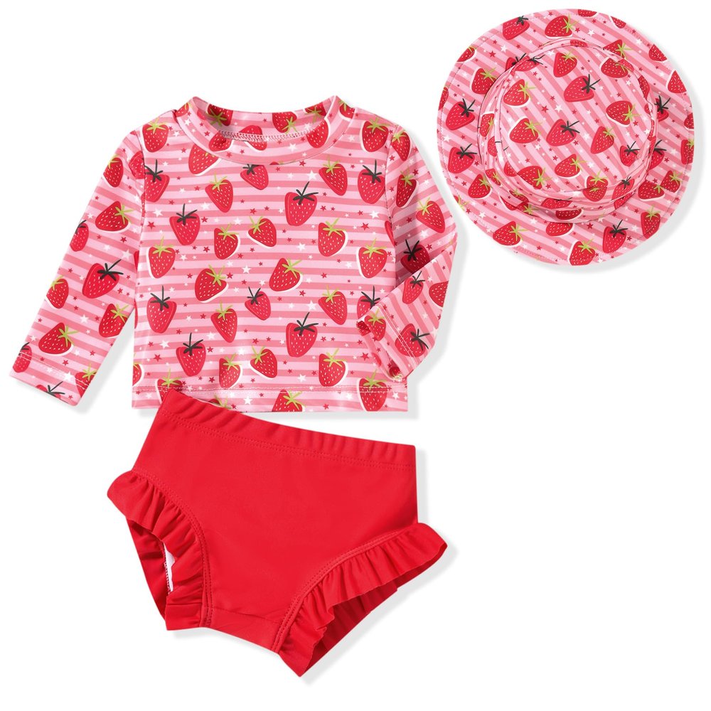 HINTINA 3 Month Baby Girl Long Sleeve Swimsuit Two Piece Rash Guard Set Infant Strawberry Bathing Suit with Hat Swimming Beach Wear 3-6 Months