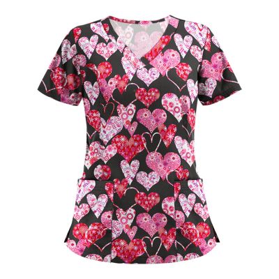 Cute Cartoon Print Women's Scrub Tops with Designs Stretchy Plus Size Nursing Uniforms Scrubs Shirts with Pockets