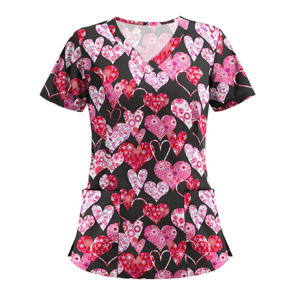 Cute Cartoon Print Women's Scrub Tops with Designs Stretchy Plus Size Nursing Uniforms Scrubs Shirts with Pockets