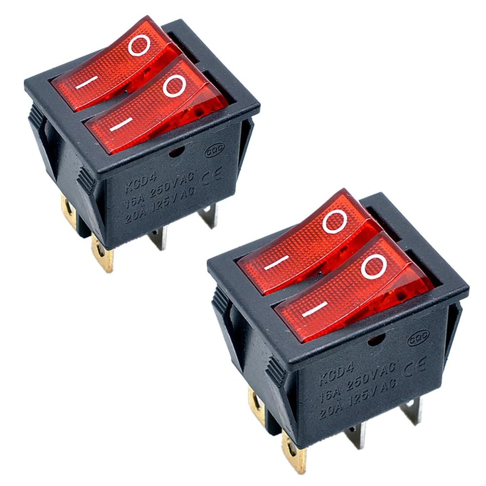 GANASOME 2 Pcs KCD4 Rocker Switch - AC 250V 16A 125V 20A, 6P Terminals, Double SPST 2 Way, Panel Mount with Red Light for Boat & Marine Equipment