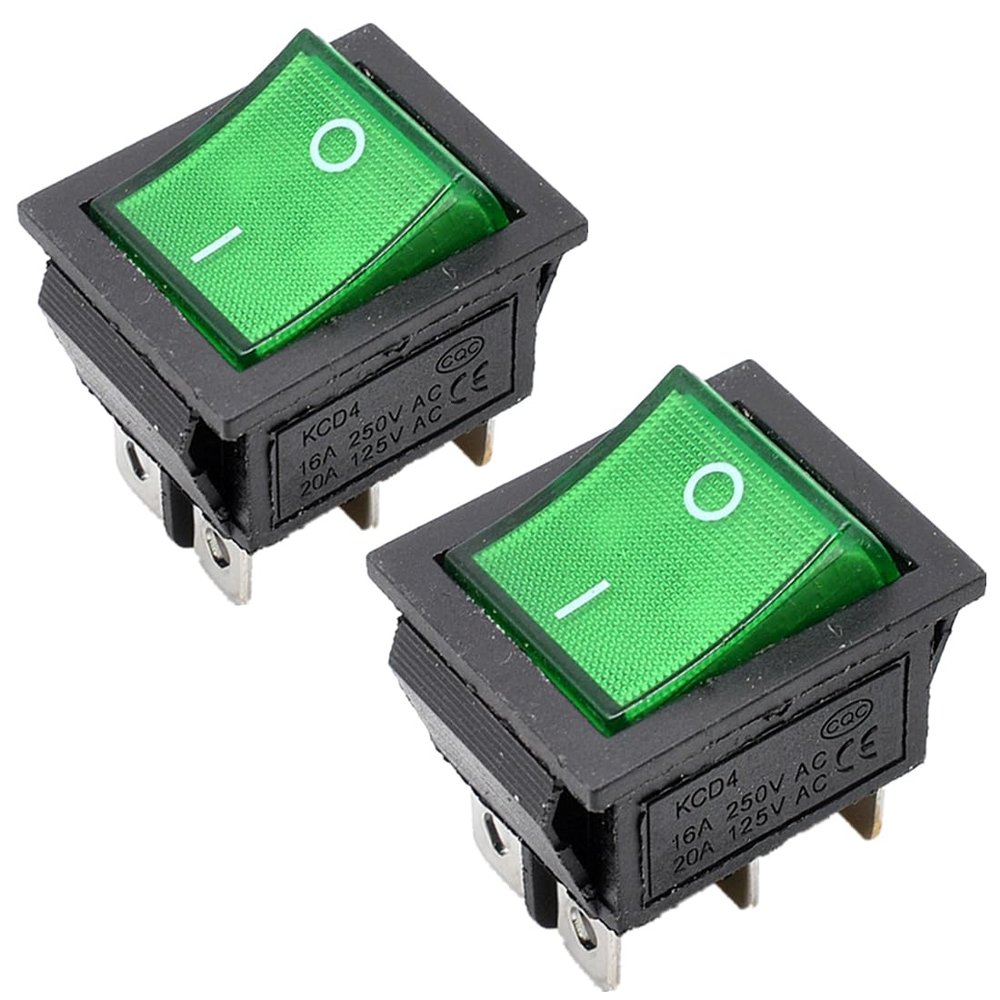 GANASOME 2 Pcs KCD4 Rocker Switch - 6 Pin DPDT 2 Position, AC 250V 10A 125V 16A, Green Light for Car, Motorcycle & Boat